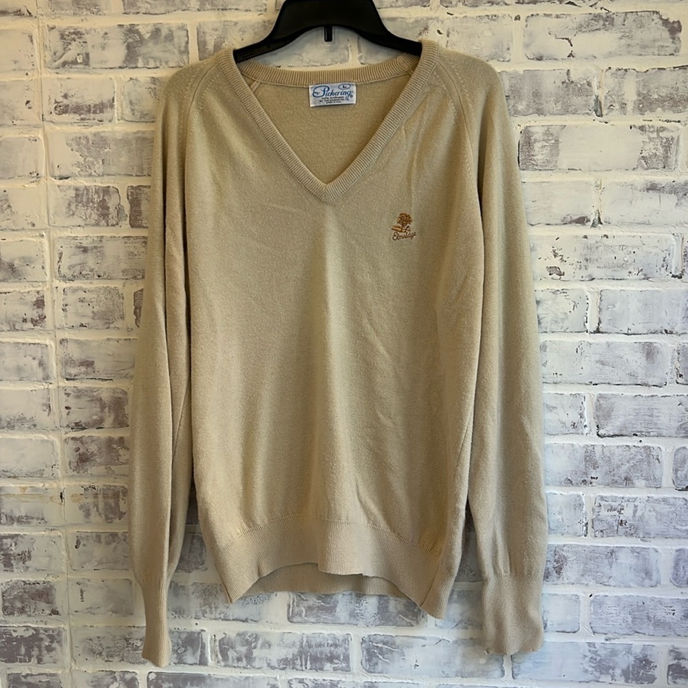 Vintage Men’s Pickering Elmridge Golf Tan Deep V Neck Long Sleeve Sweater Large